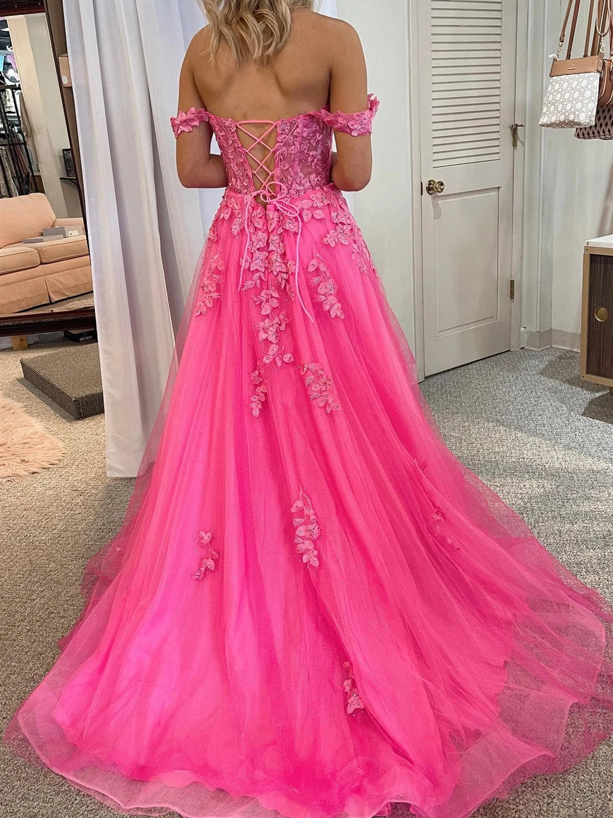 Off Shoulder Pink Lace Formal Evening Dress