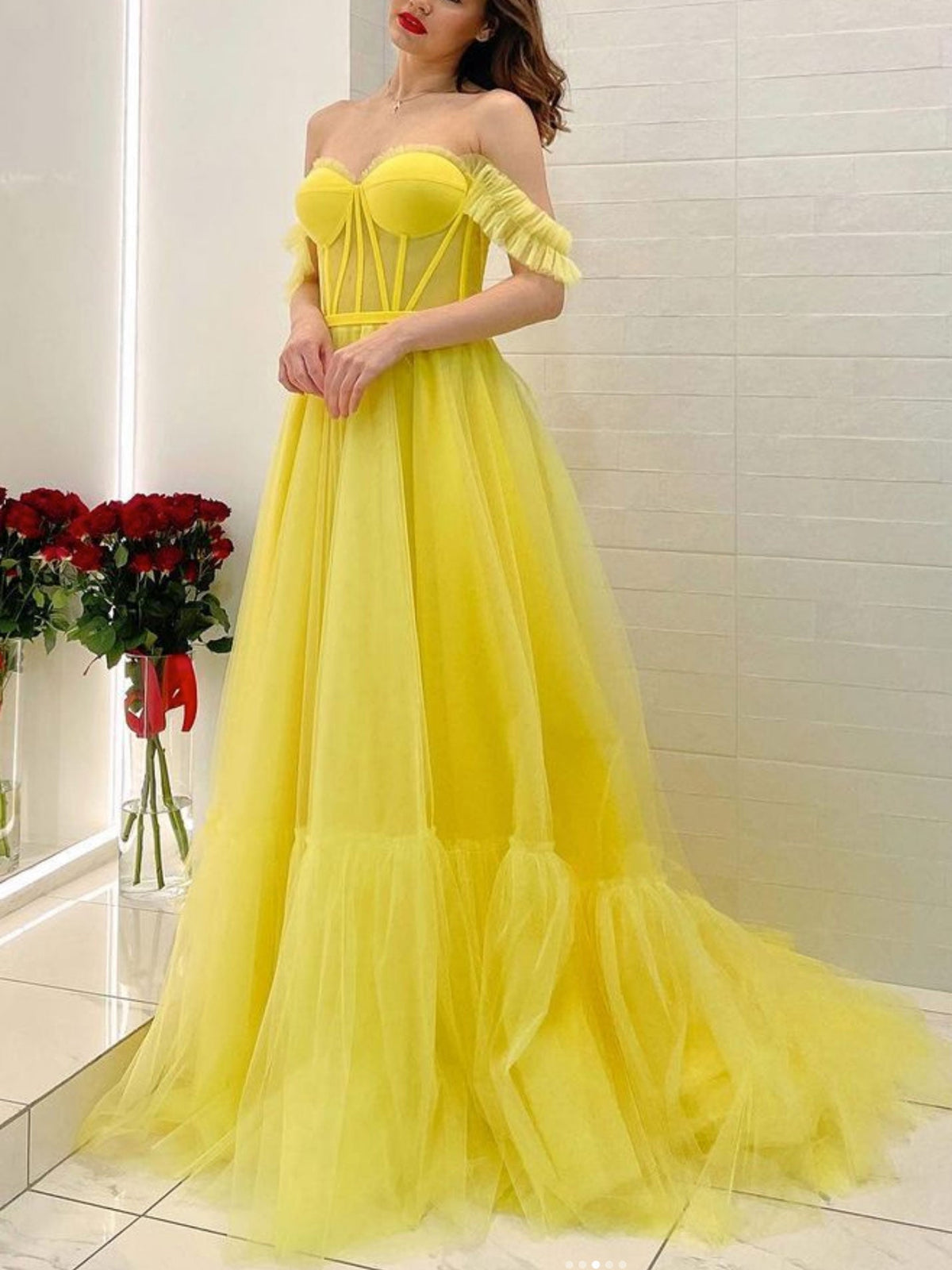 Yellow Tulle Off Shoulder Formal Graduation Dress