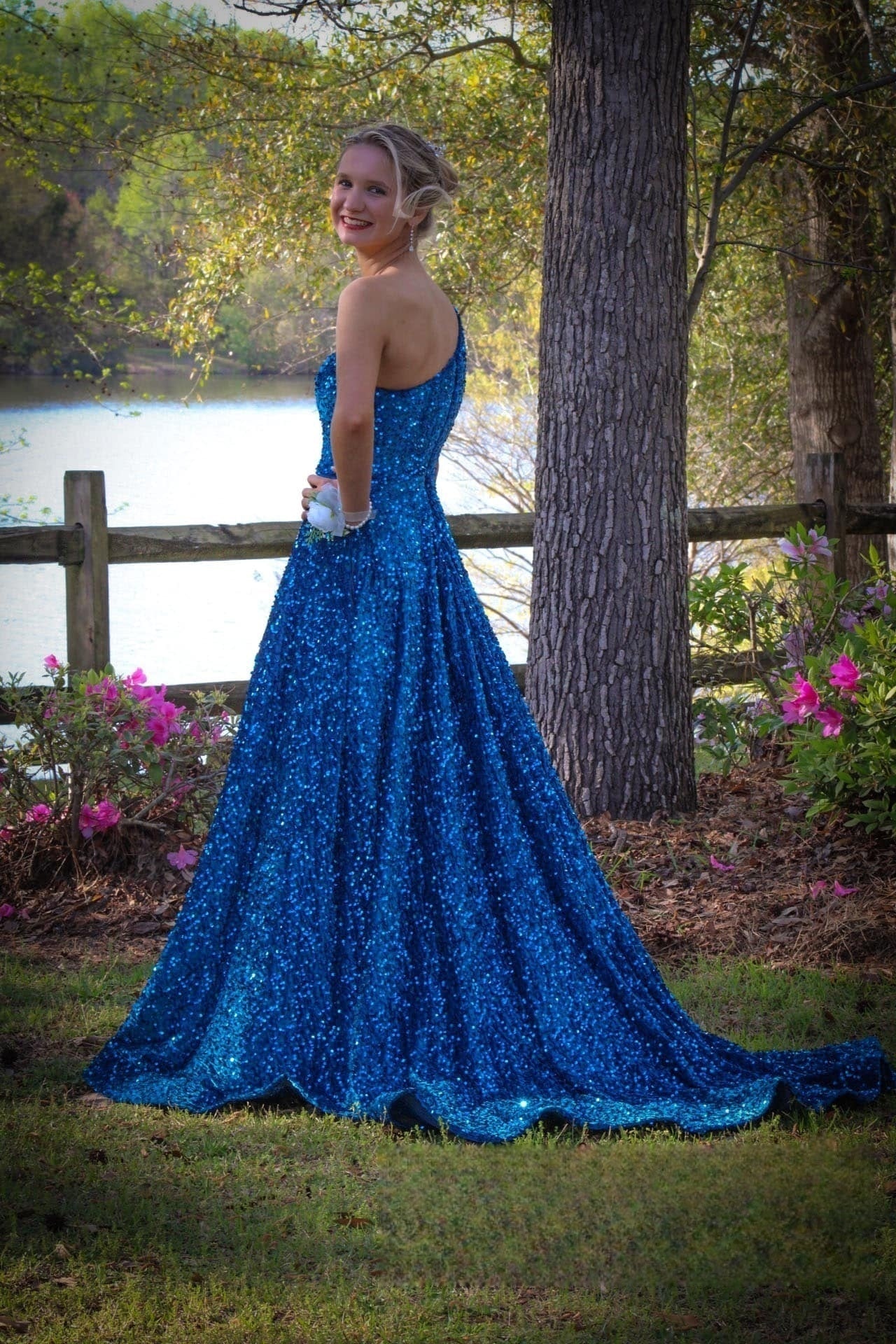 Asymmetrical-Neck Sleeveless Fully Sequined Pleated A-Line Prom Dress with Slit