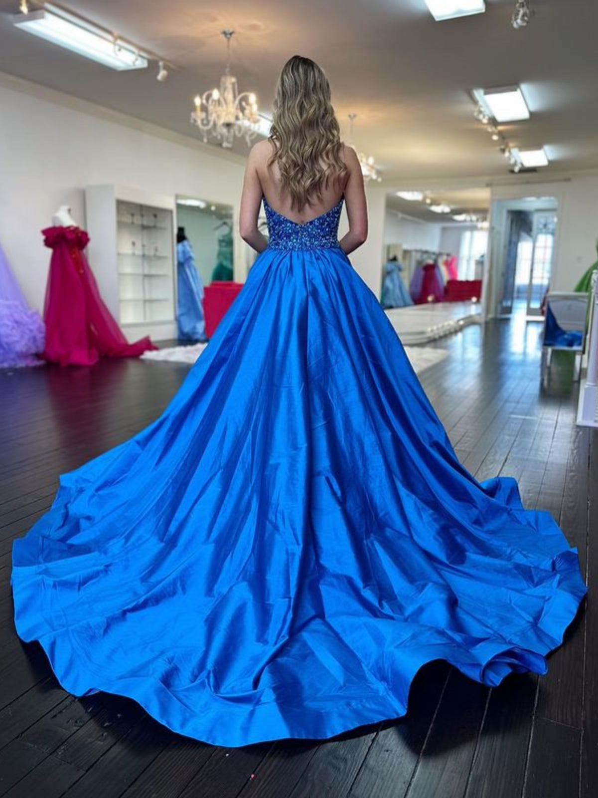 Open Back Halter V Neck Blue Long Prom Dress