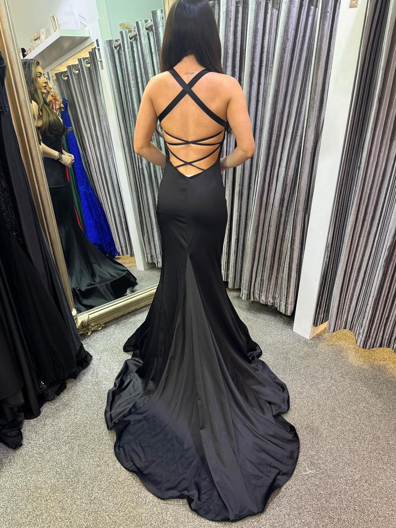 Open Back Mermaid Black Satin Long Prom Dress