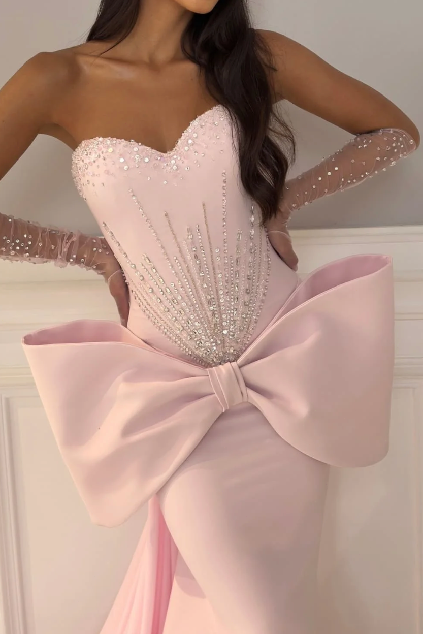 Sweetheart Sleeveless Beaded Satin Pleated Train Mermaid Formal Prom Dress