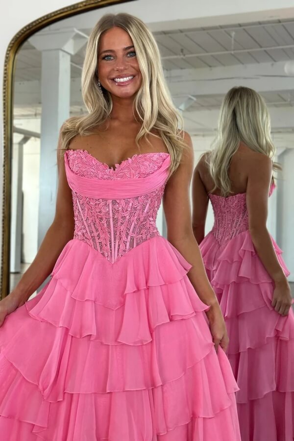 Pink Chiffon Tiered A Line Strapless Sweetheart Neck Prom Dress