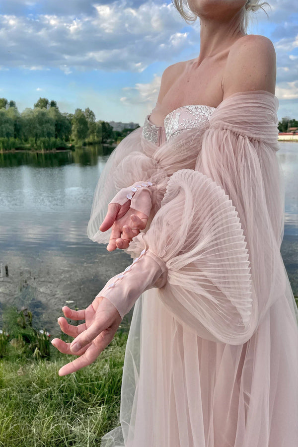 Princess Off The Shoulder Puff Sleeves Pink Long Prom Dress