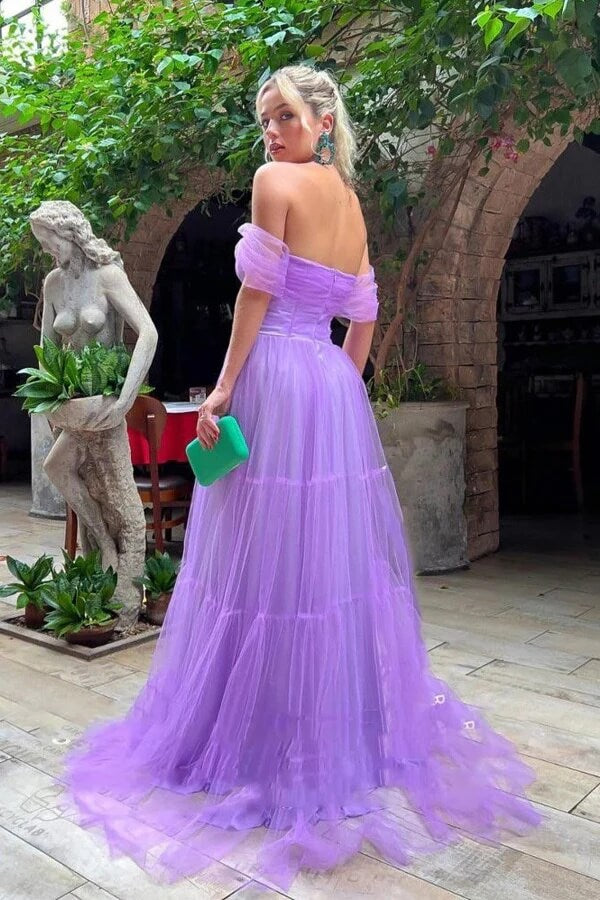Purple A-line Strapless Off Shoulder Long Prom Dress