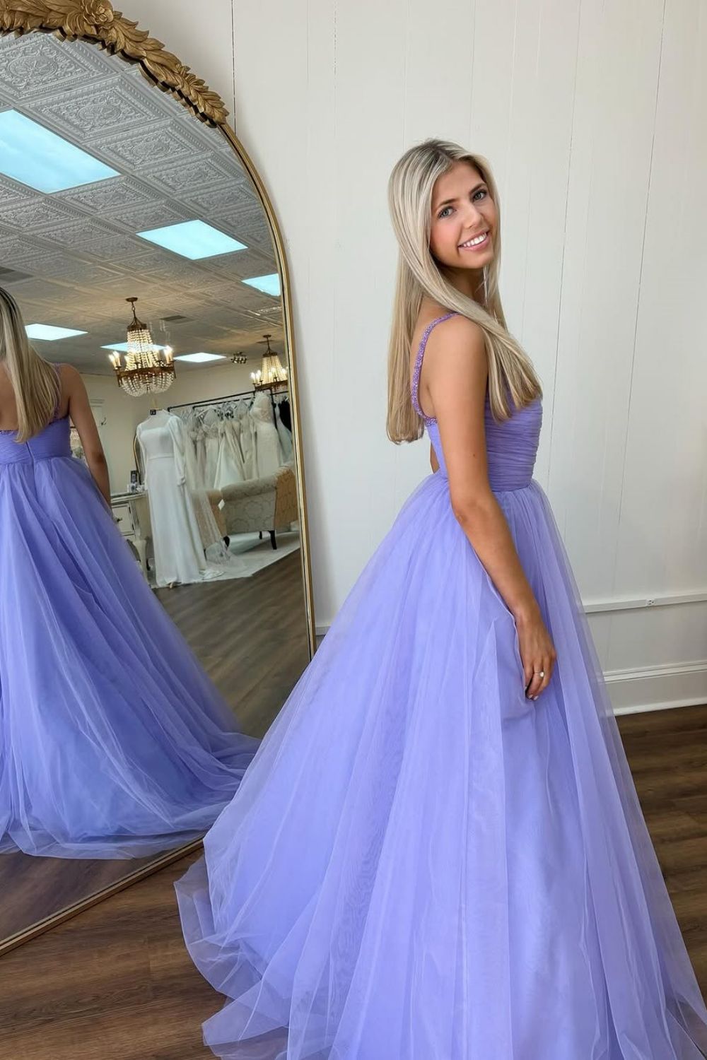 Purple Princess A-Line Spaghetti Straps Long Tulle Prom Dress