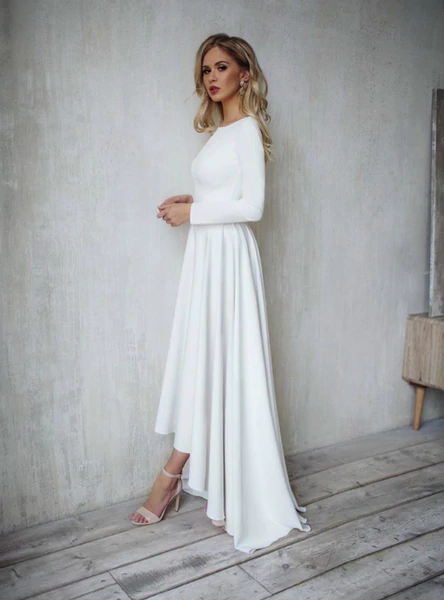 White Satin Hi Lo Long Sleeve Backless Wedding Dress