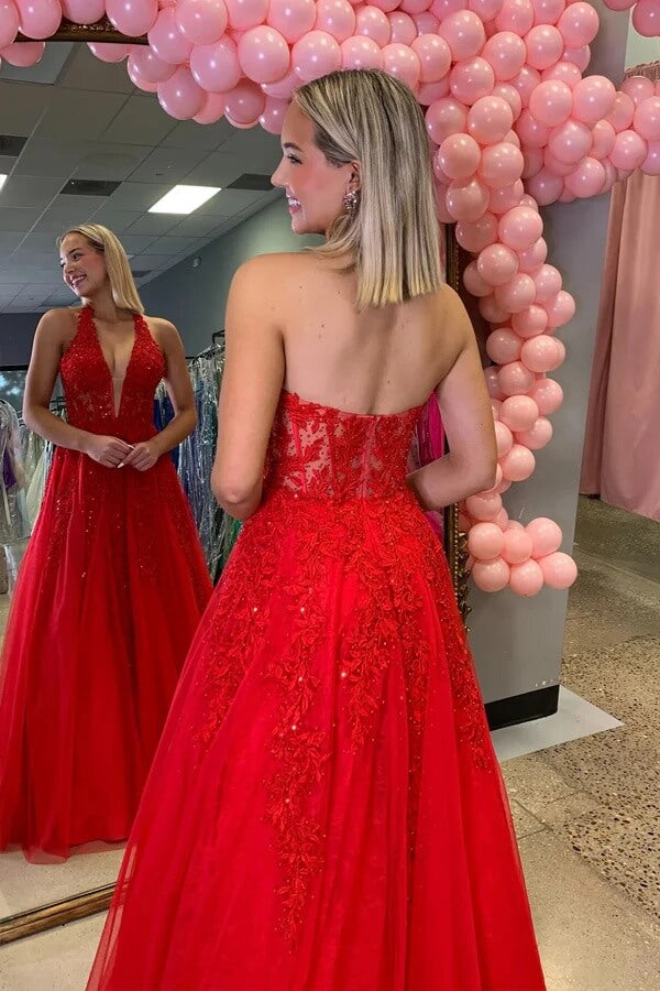 Red Tulle A Line V Neck Beaded Long Prom Dresses With Lace