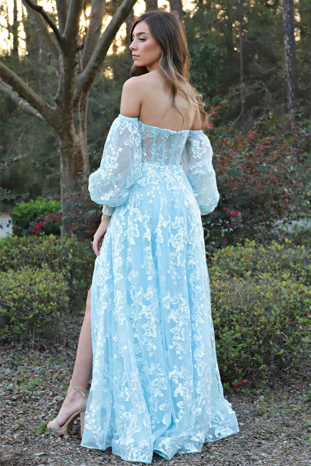 Removable Sleeves Blue Appliques Long Dress with Slit