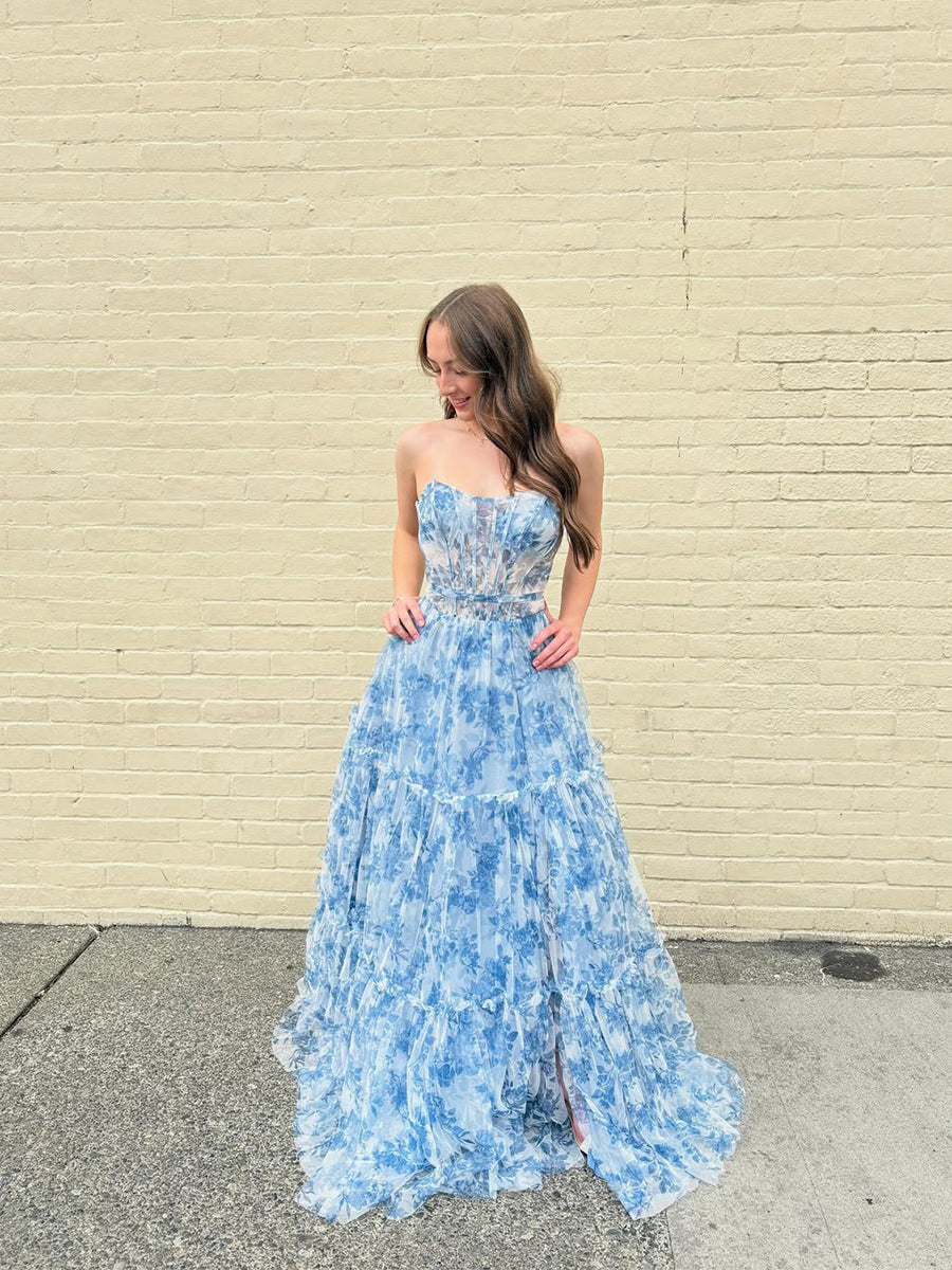 Romantic Blue Floral Strapless Tiered Corset Prom Dress