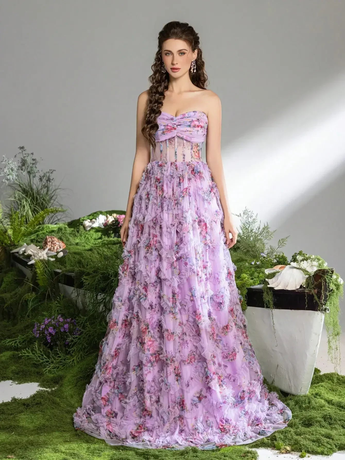 Pink A-Line Tulle Printed Ruffle Tiered Prom Dress