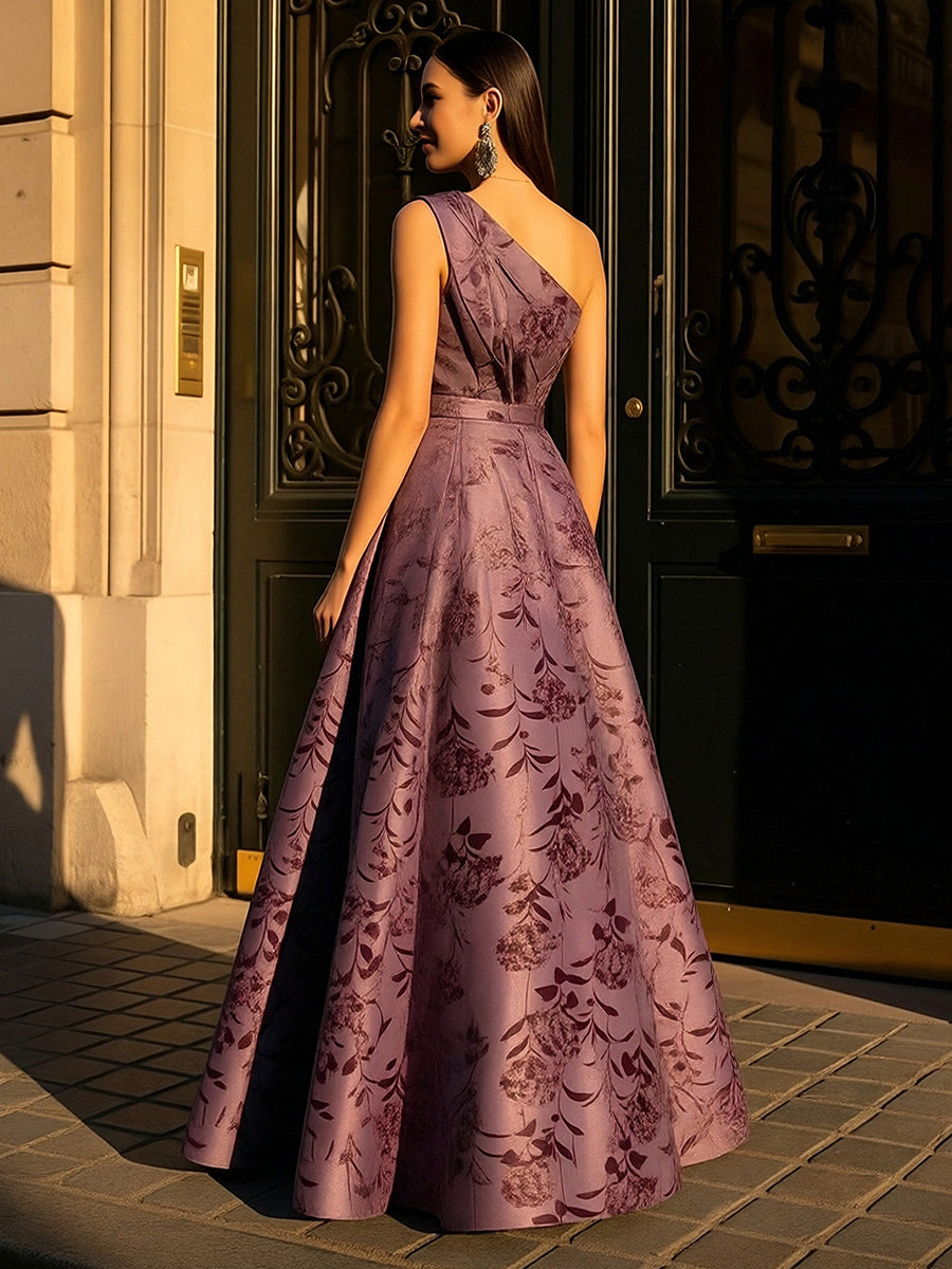 A-Line Satin Floral Print One Shoulder Mother of the Bride Dress