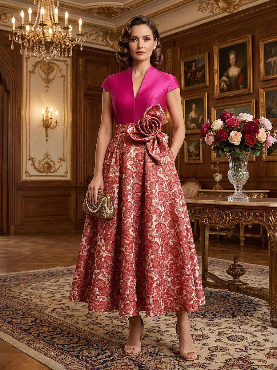 V-Neck Midi Jacquard Satin Mother of the Bride Dress