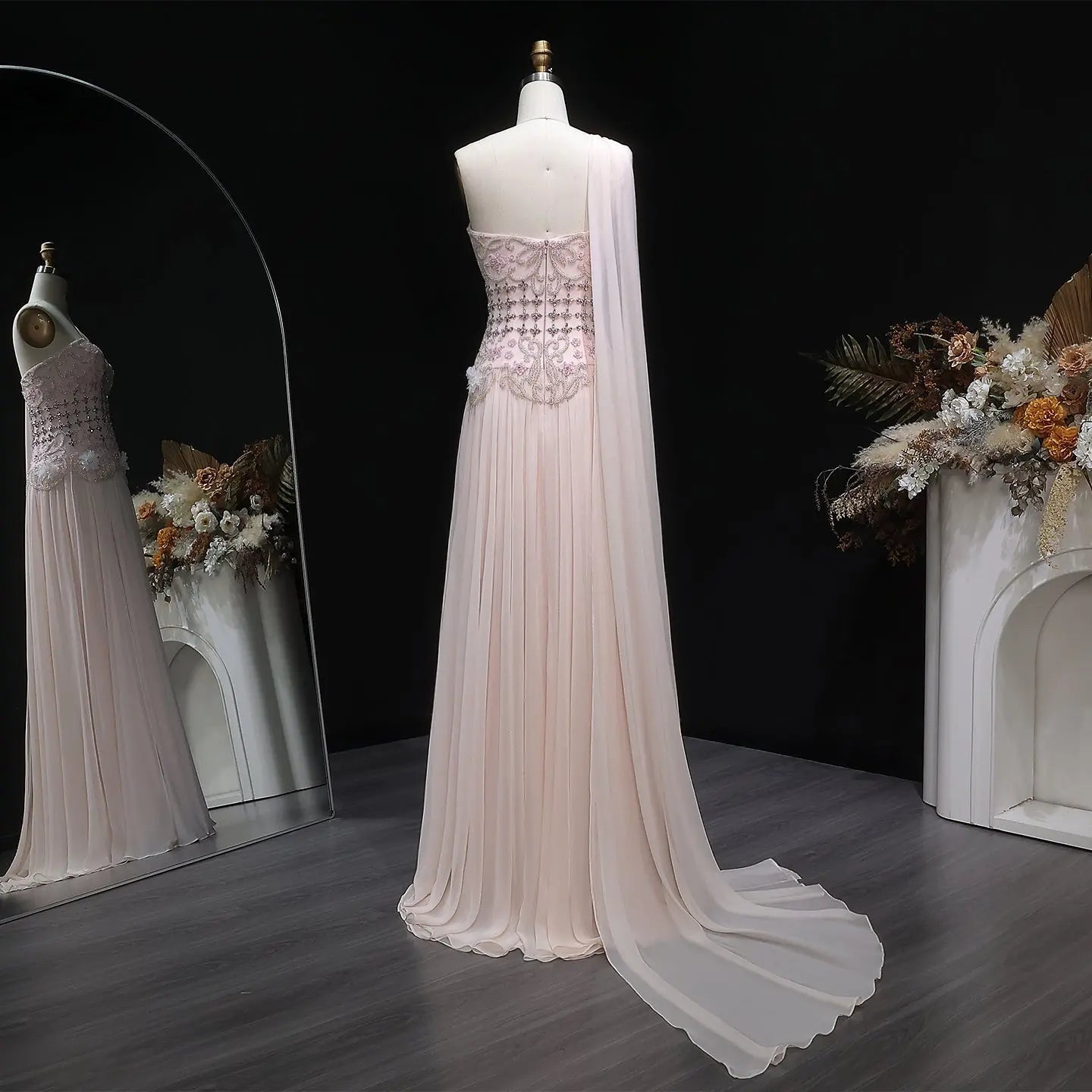 Luxury Blush Pink Beaded 3D Floral Cape Evening Dress