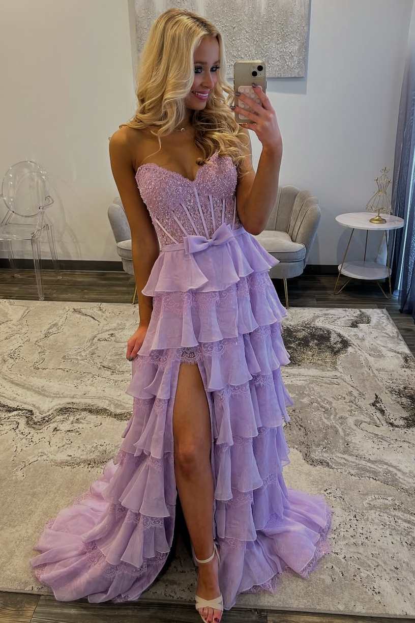 Strapless A-Line V-Neck Tiered Ruffles Lace Appliques Prom Dress with Slit