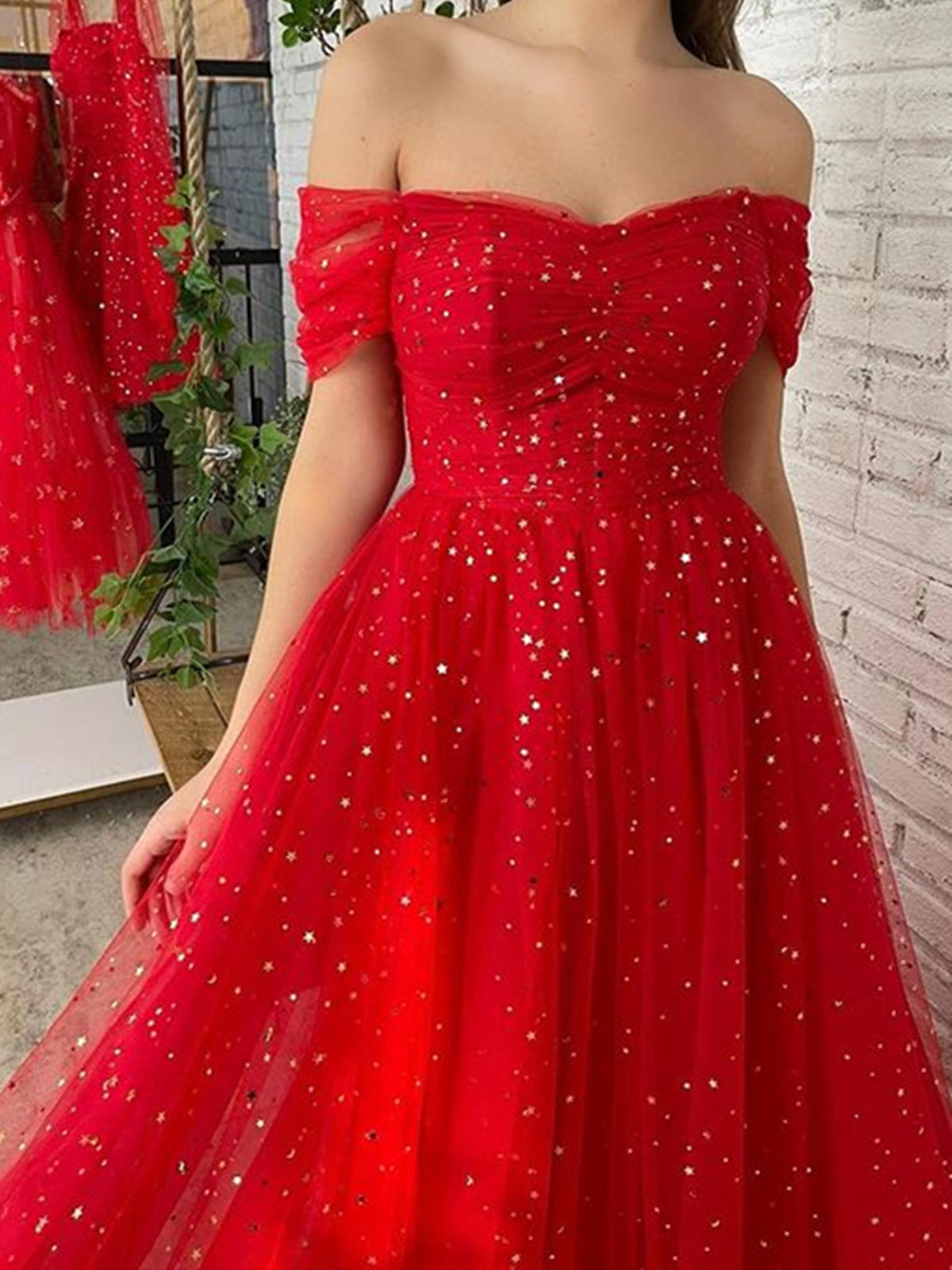 Red Off Shoulder Formal Graduation Dress