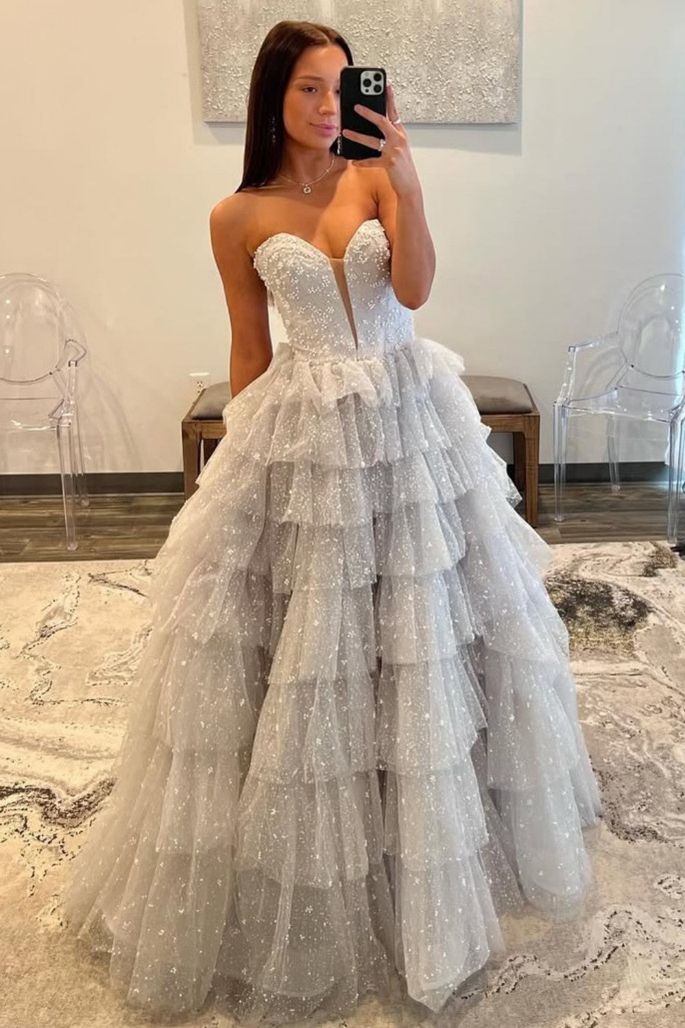 Gorgeous A Line Sweetheart Silver Long Prom Dress