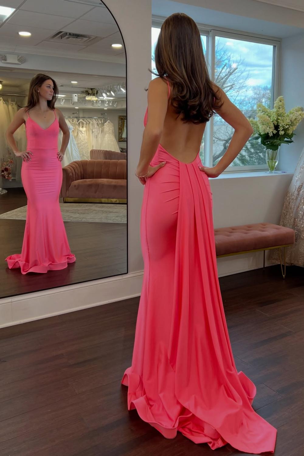 Simple Mermaid Spaghetti Straps Candy Pink Long Prom Dress