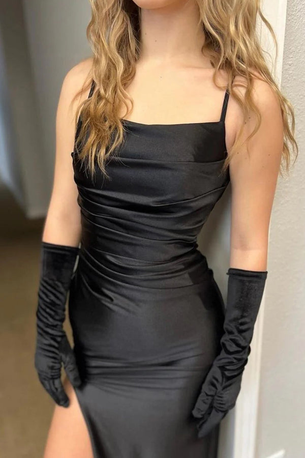 Spaghetti Straps Slit Mermaid Satin Pleated Black Prom Dress