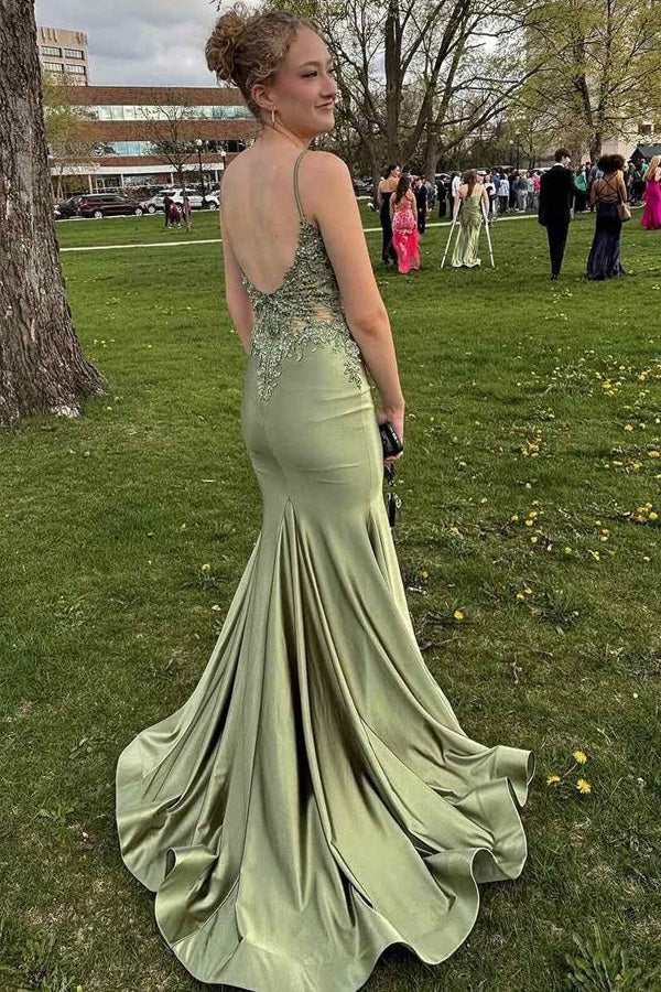 Spaghetti Mermaid Backless Strap Blue Long Prom Dress