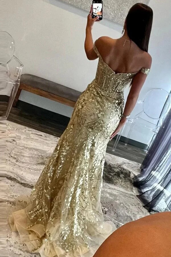 Sparkly Black Tulle Mermaid Off Shoulder Long Prom Dress