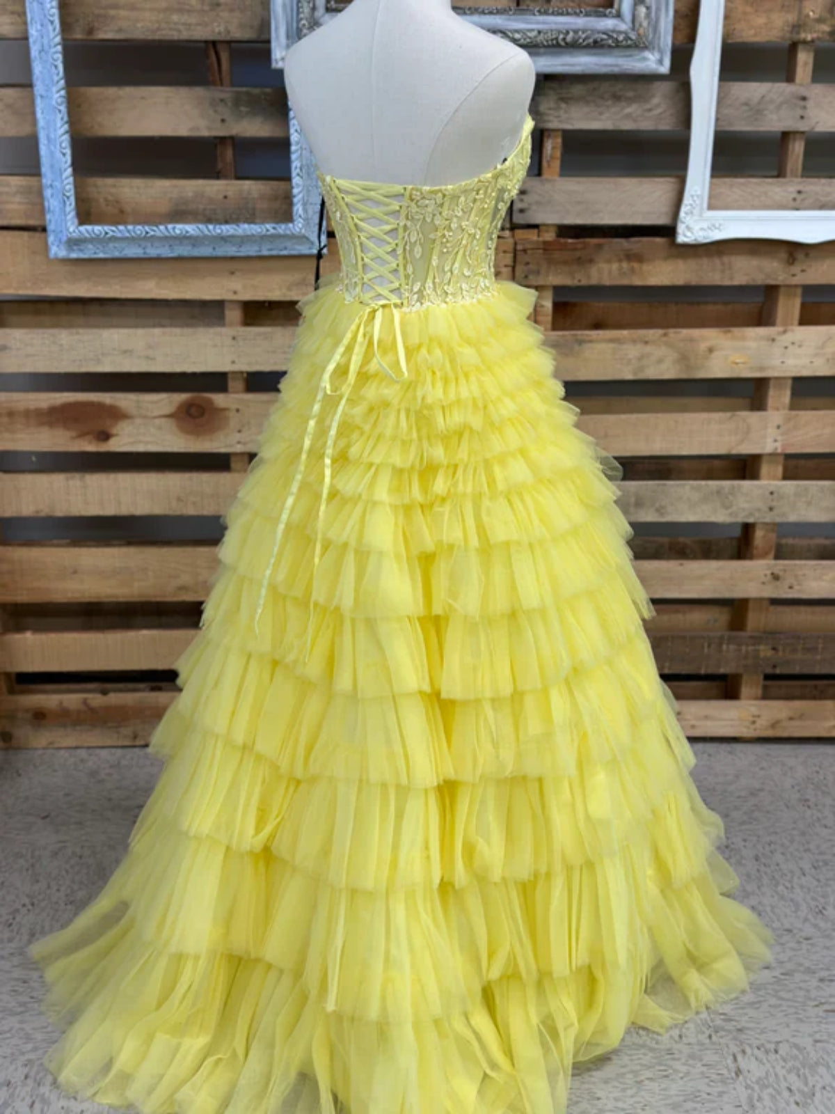 Strapless Layered Yellow Lace Long Prom Dress