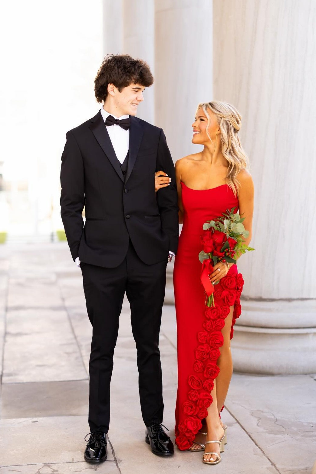 Strapless Red Rosette Appliques Long Dress with Slit