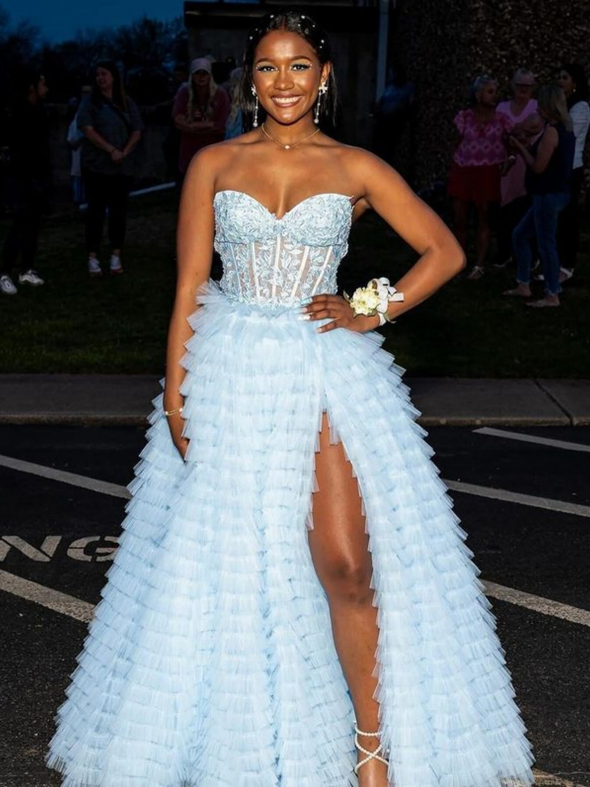 Strapless Ruffle Light Blue Lace Long Prom Dress
