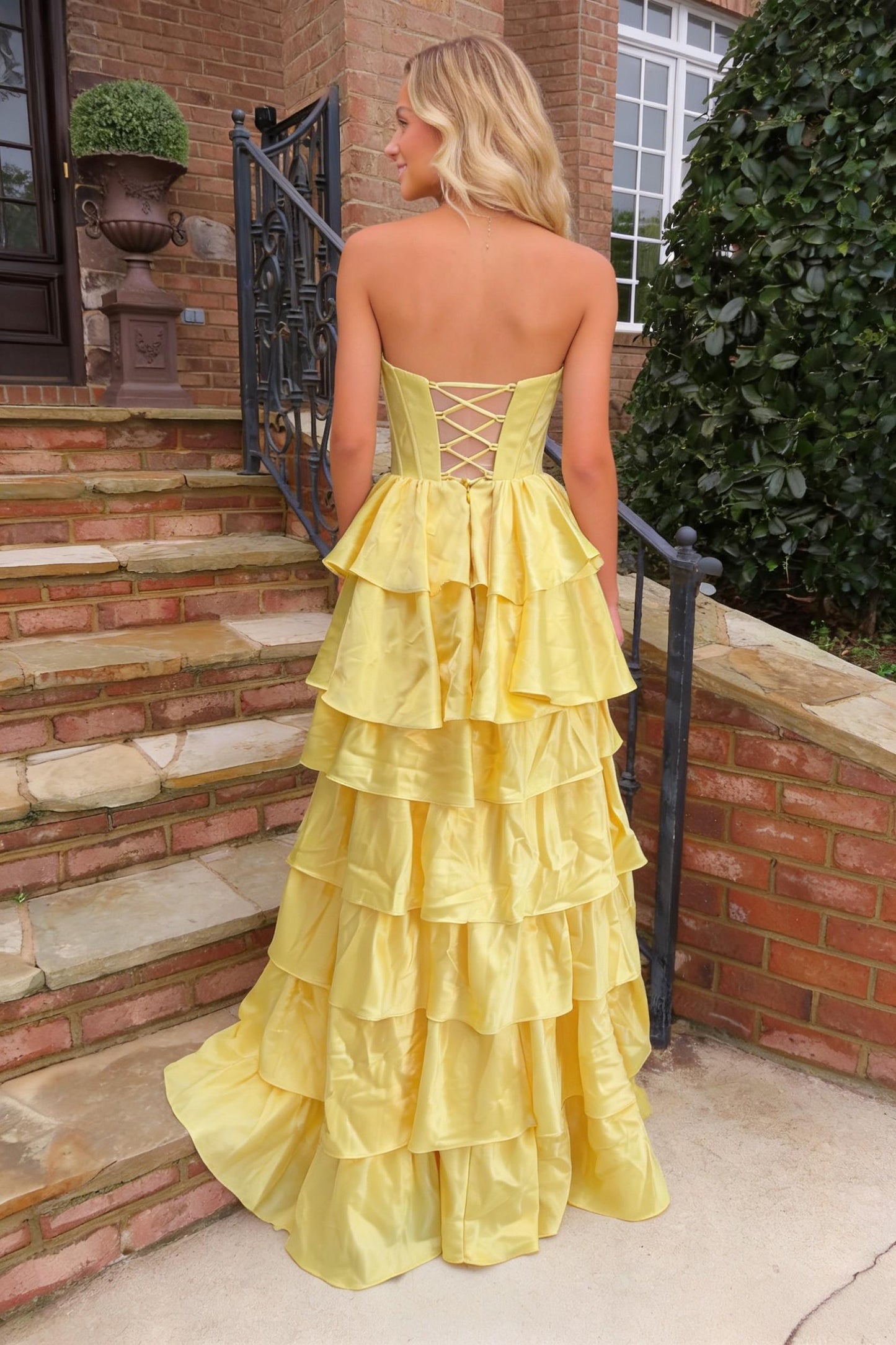 Strapless Yellow Tiered Ruffle Satin Prom Ball Gown