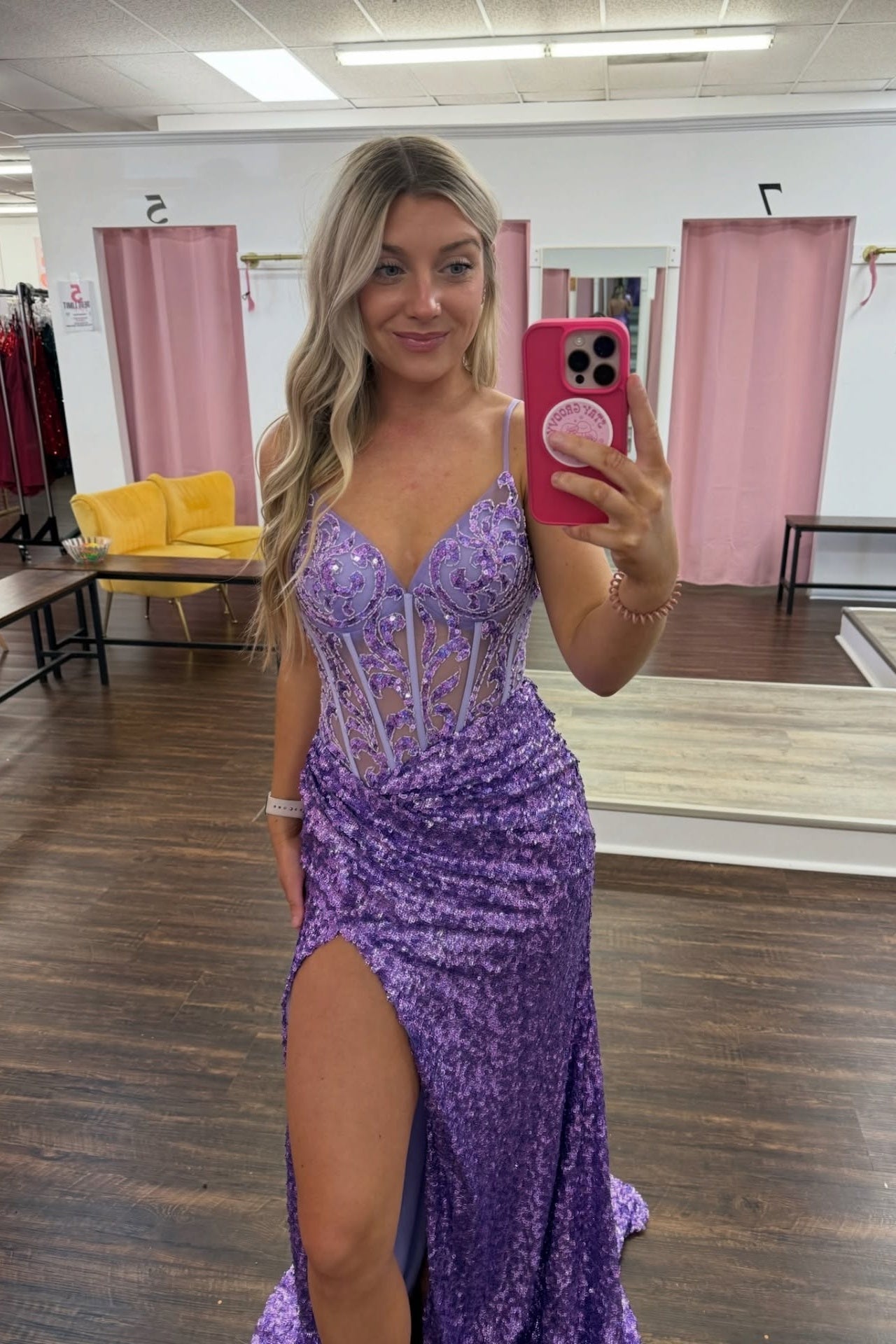 Straps Purple Sheer Sequin Long Dress with Slit