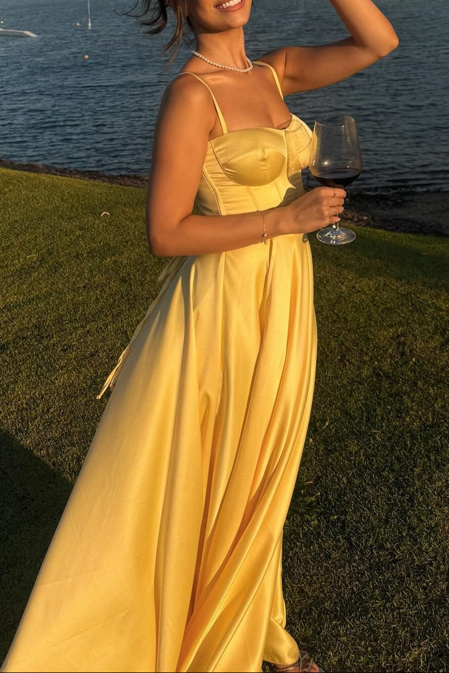 Spaghetti Straps Yellow A-line Satin Long Dress Lace-up