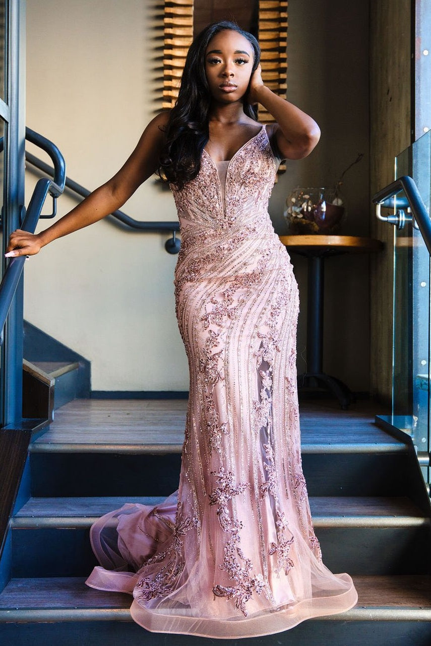 Stunning Mermaid Spaghetti Straps Pink Long Prom Dress