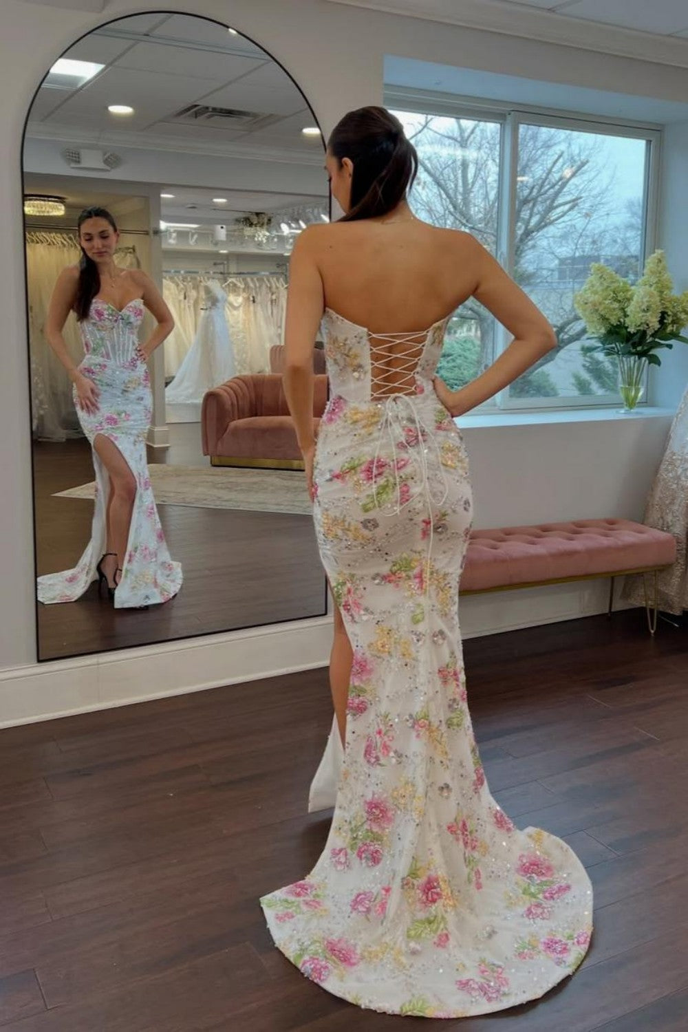 Sweetheart Mermaid Floral Beaded Corset Prom Dress with High Slit