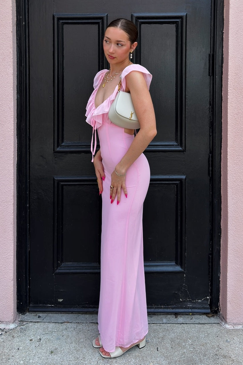 Sweety Mermaid V Neck Pink Long Prom Dress with Ruffles