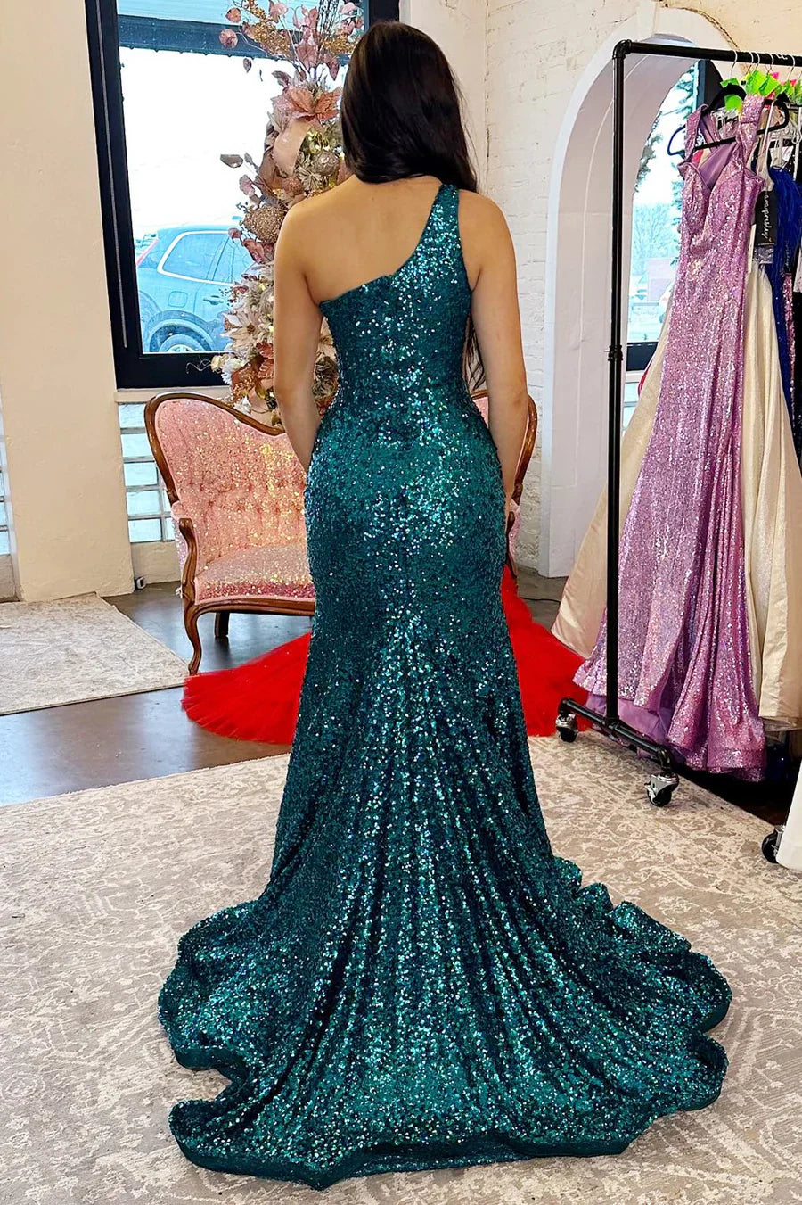 Gold Sequin Prom Dress One-Shoulder Trumpet Mermaid Maxi Dress