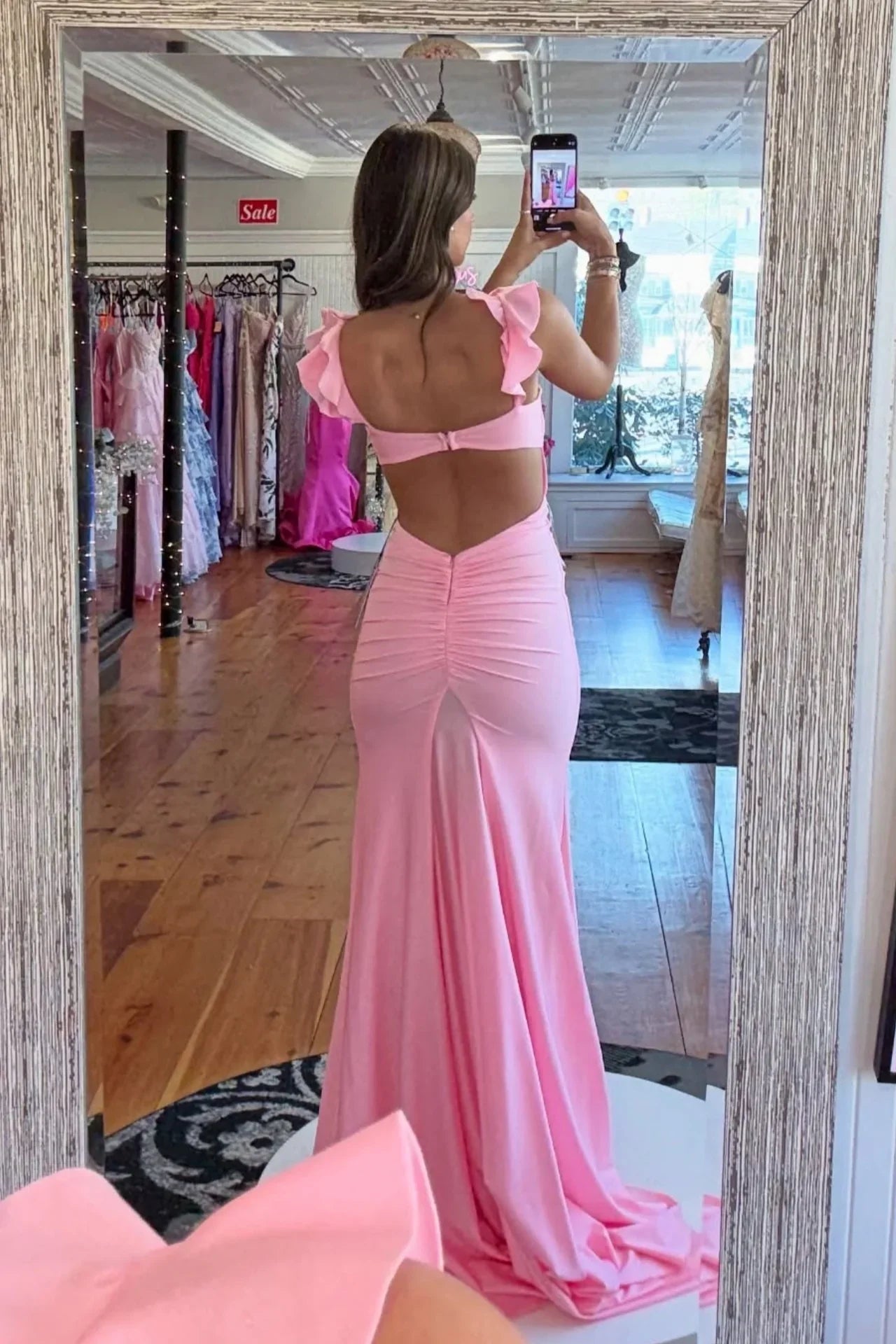 V-Neck Ruffle Straps Mermaid Satin Party Prom Dress