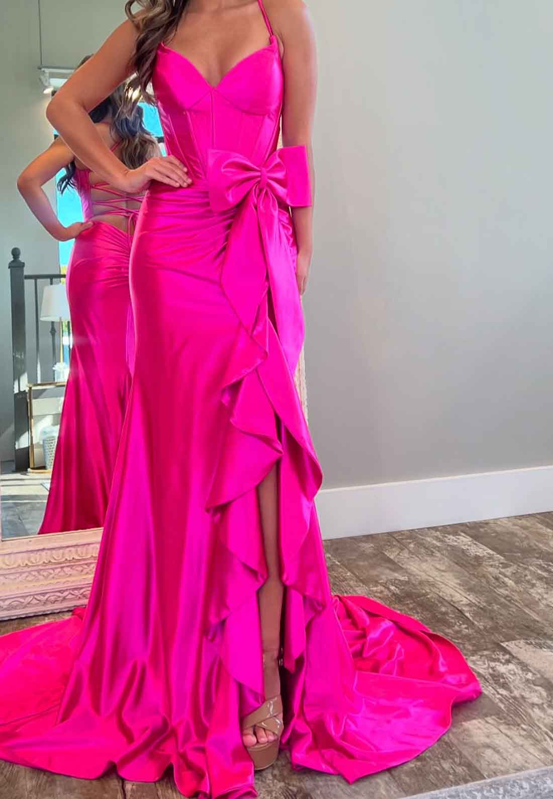 V-Neck Spaghetti Straps Ruffled Satin Pleated Sweep Train Mermaid Porm Dress