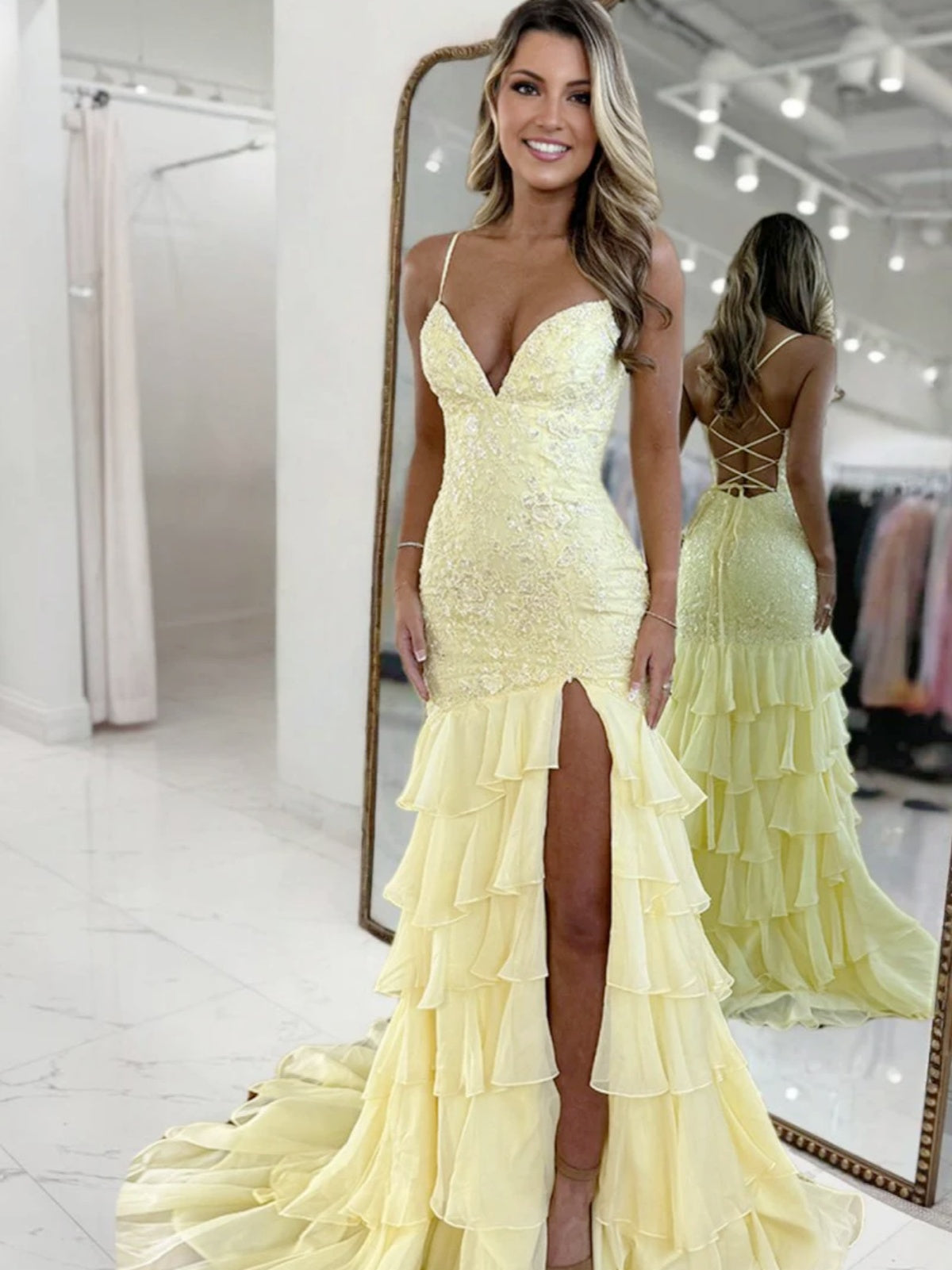 V Neck Aqua Yellow Mermaid Lace Prom Dress
