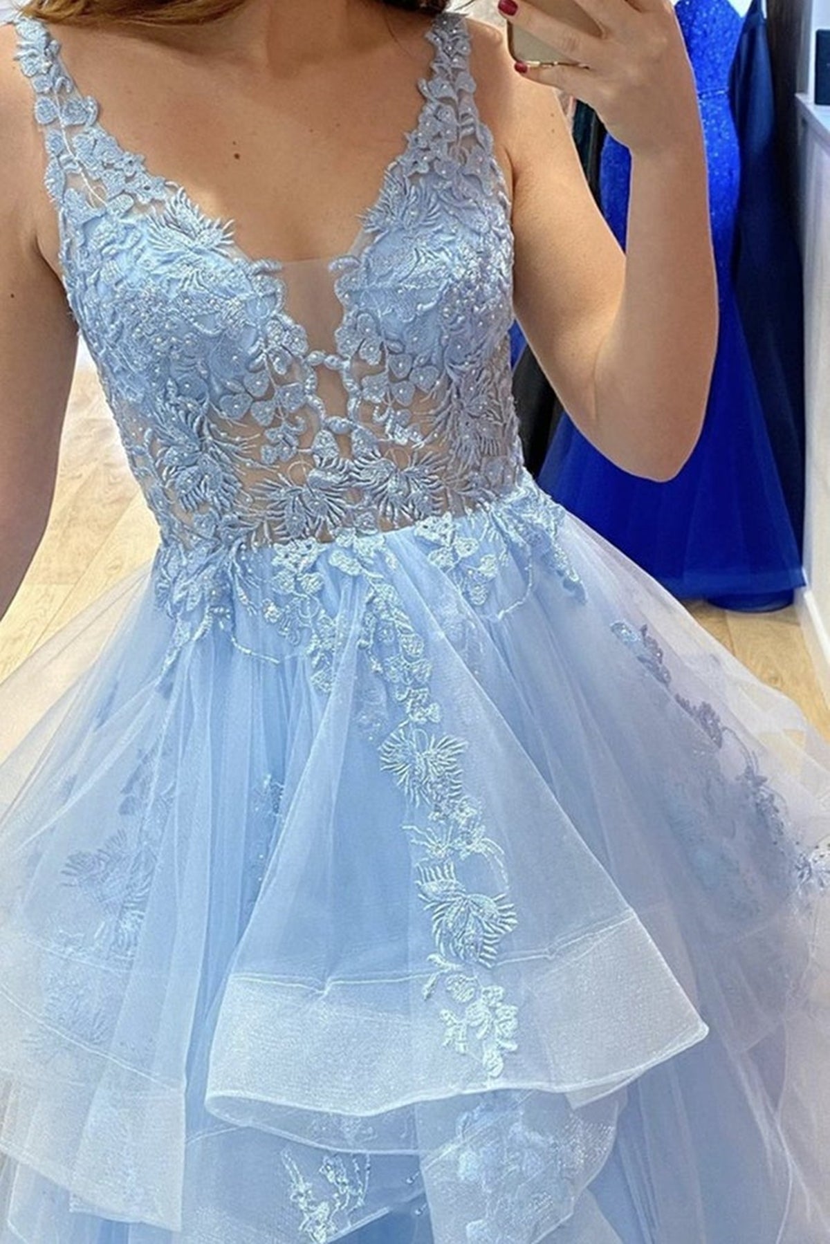 Light Blue Lace Formal Evening Dress