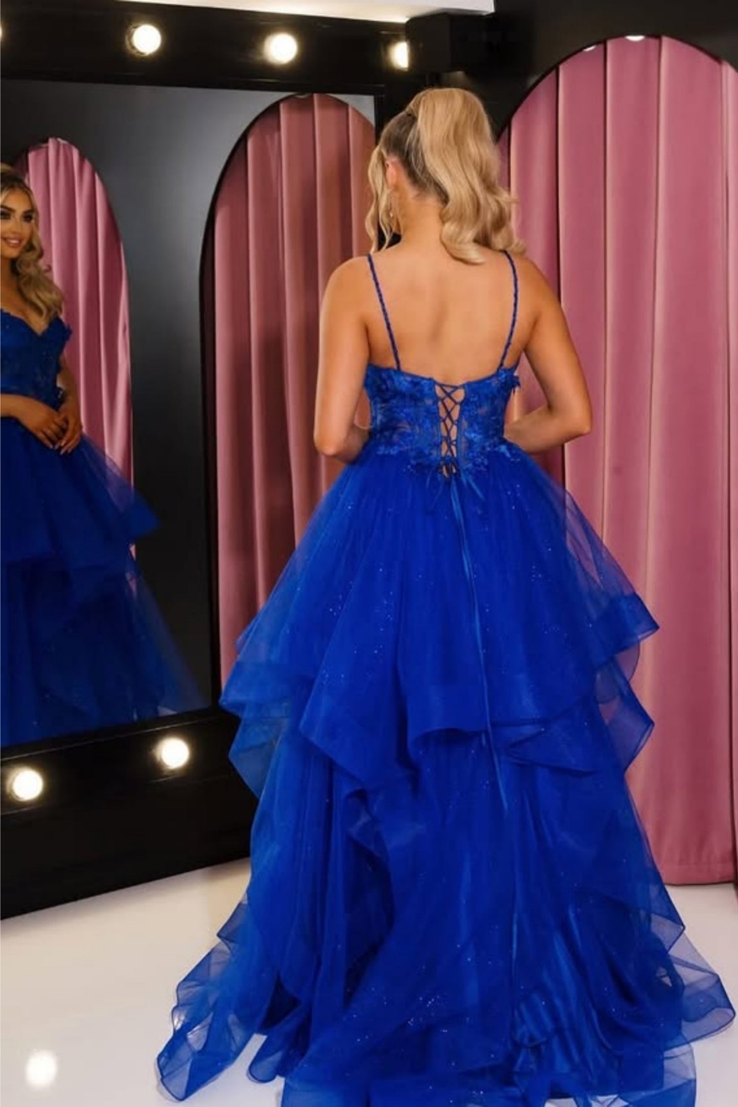 V Neck Open Back Blue Lace Up Long Prom Dress