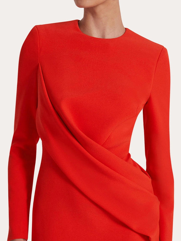 Red Sheath/Column Scoop Long Sleeves Chiffon Floor-Length Ruffles Formal Dress