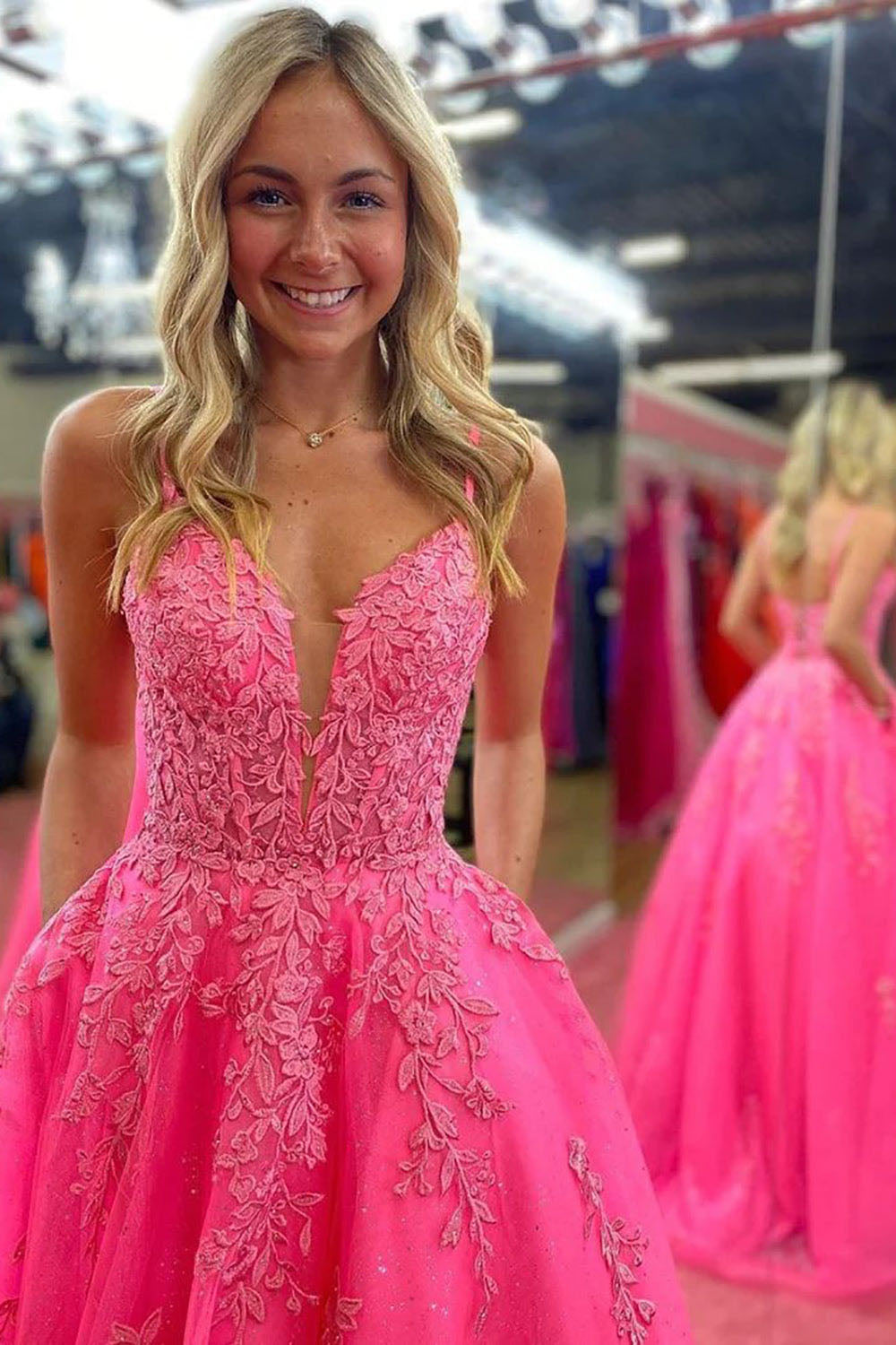 A-Line Lace Appliques Prom Dress Sparkly Princess Formal Evening Gown