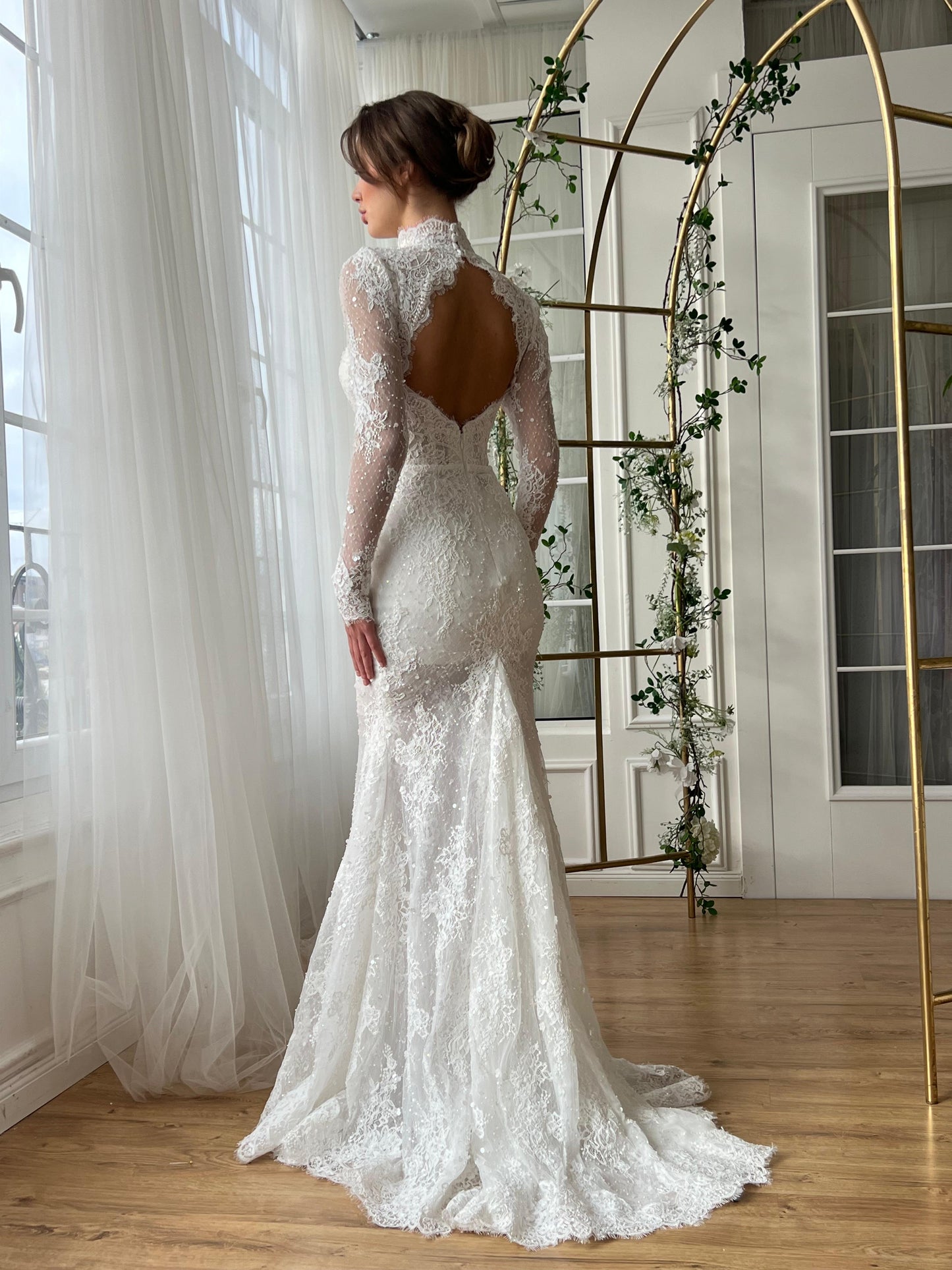 High Neck Long Sleeves Mermaid Lace Sweep Train Bridal Dress