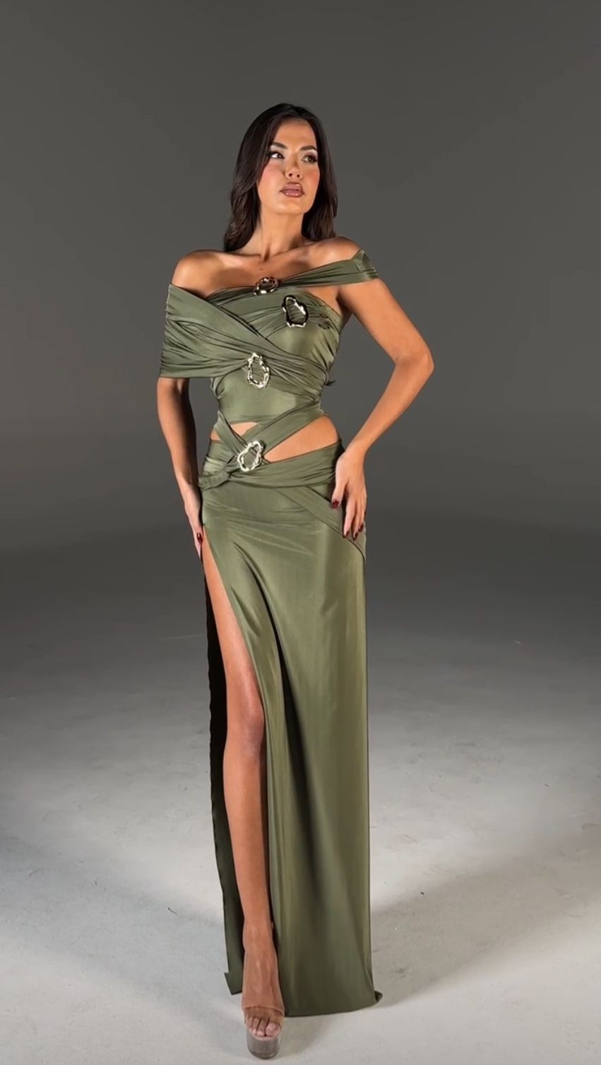 Long olive dress with cutout details Evening Dress