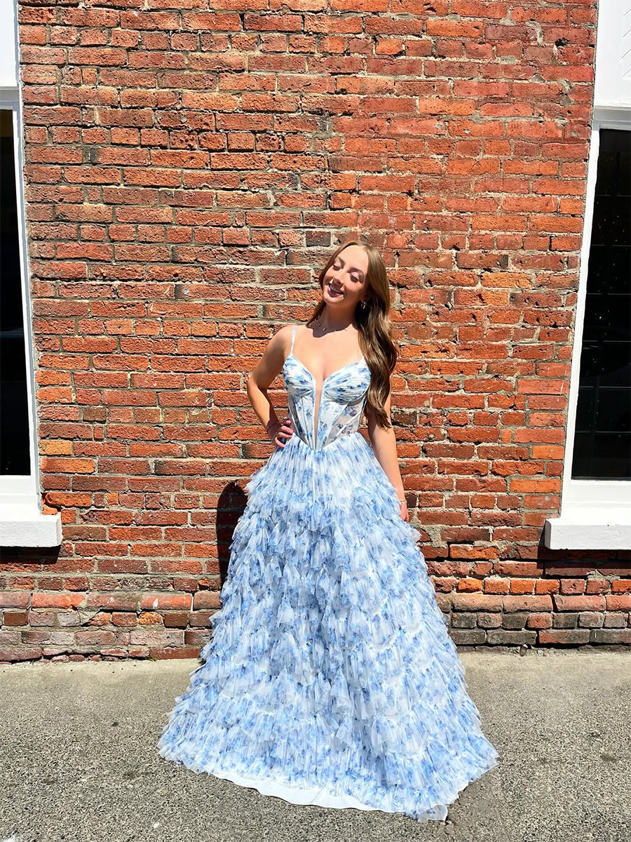 Blue Floral Tiered Ruffled Corset Prom Dress