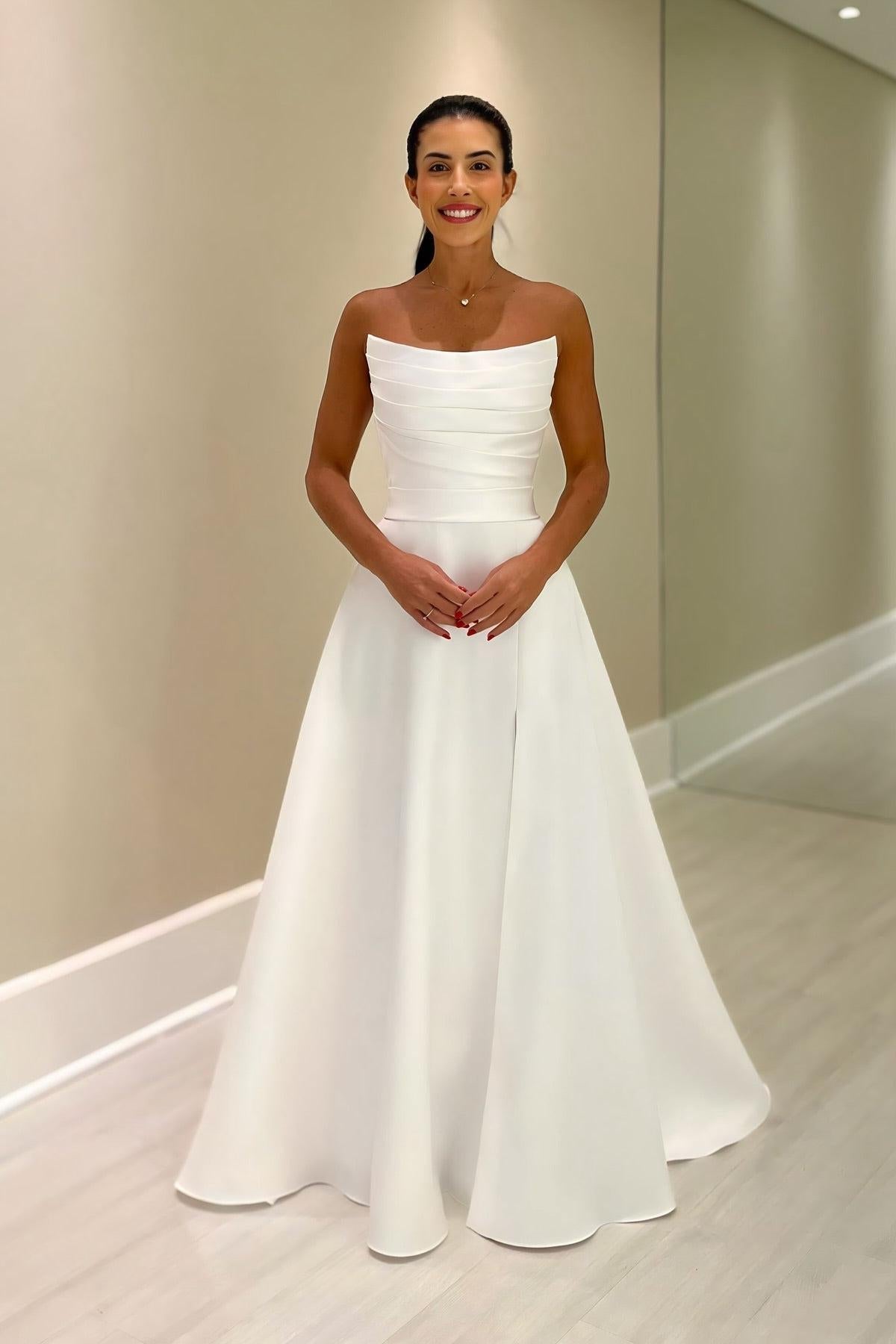White Wedding Dress A Line Strapless Sleeveless Floor Length Satin Bridal Gown With Ruffles
