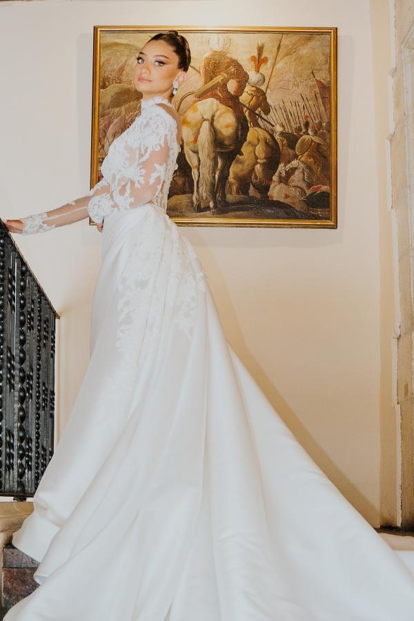 White Wedding Dress Mermaid High Neck Lace Satin Ruffle Detachable Panel Train Bridal Gown With Appliques