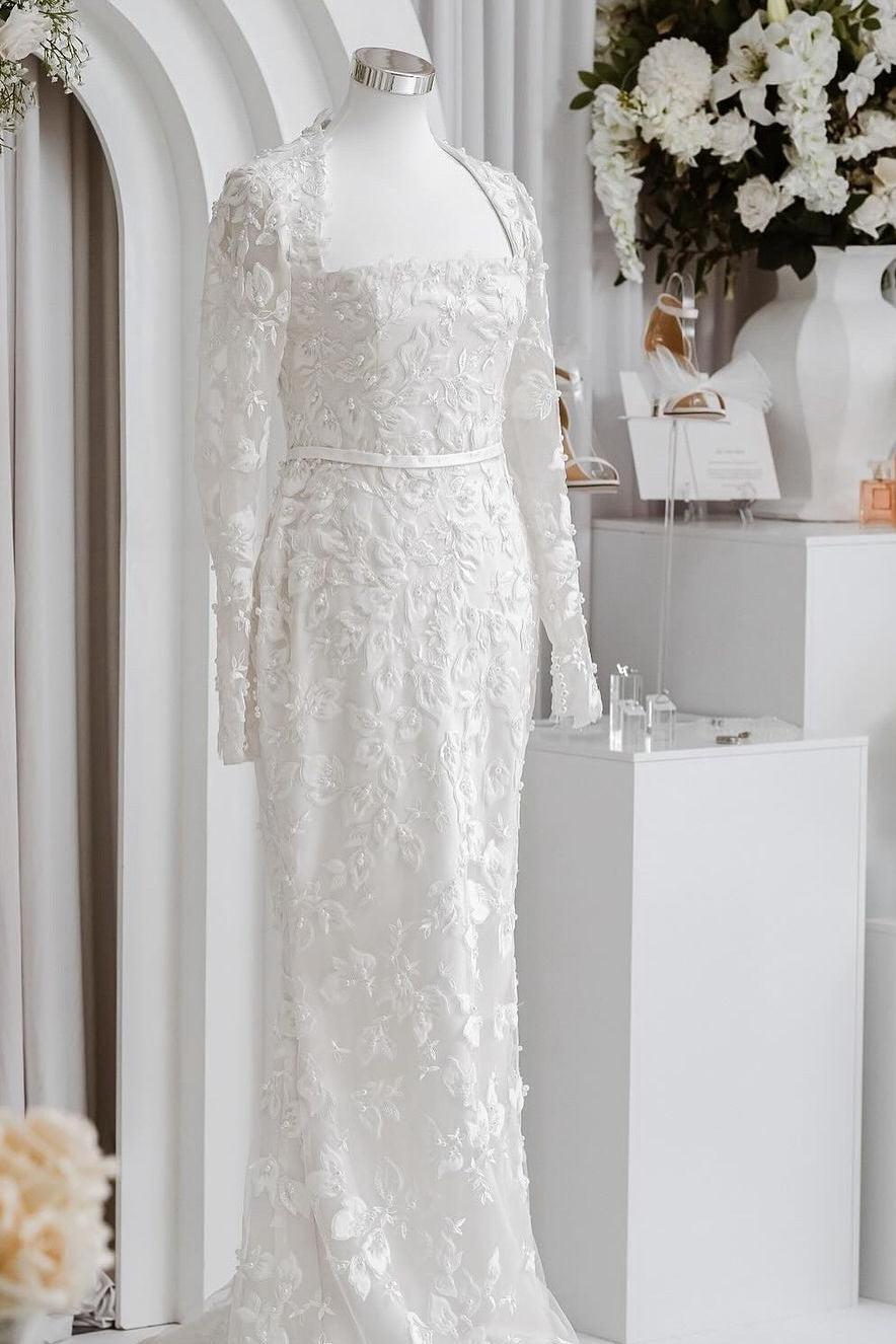 White Wedding Dress Mermaid Lace Square Sleeves Beaded Bridal Gown With Pearls