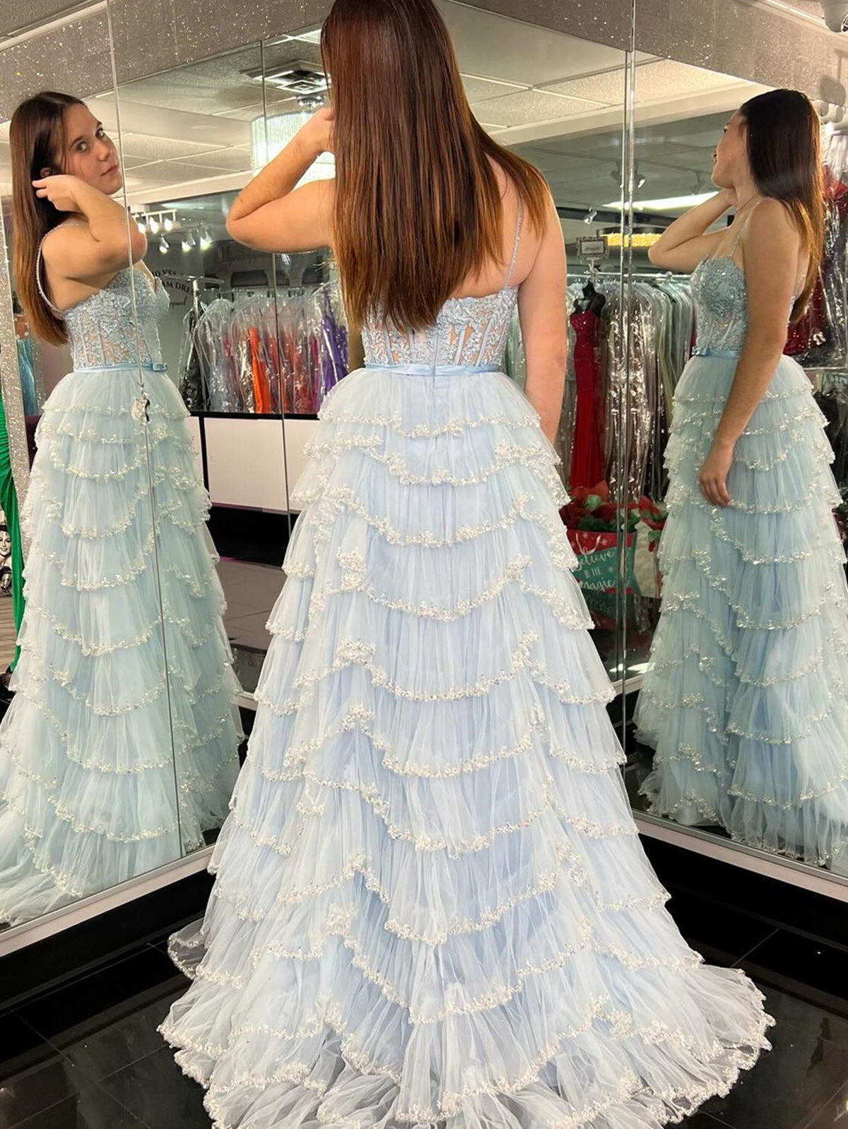 White Blue Floral Sequined Multi Layers Long Prom Dress