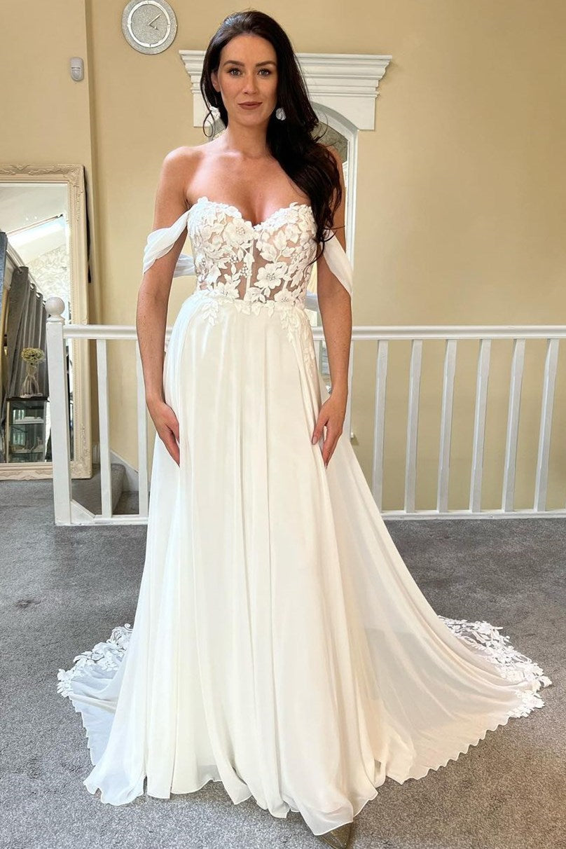 Chic Sweetheart Sleeveless Chiffon Wedding Dresses Off-The-Shoulder With Appliques Lace